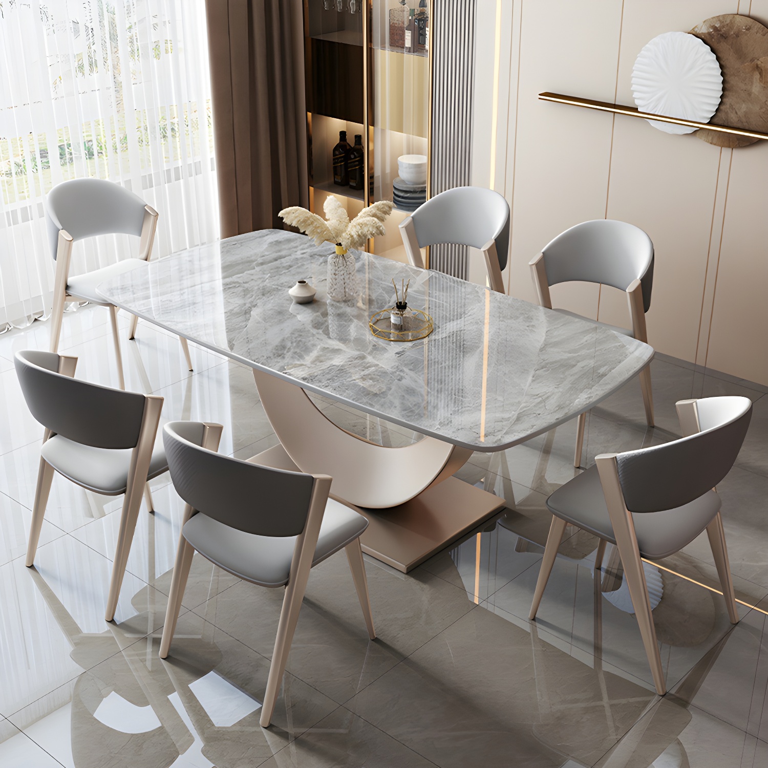 Contemporary Stone Top Dining Table with Metal Pedestal Base