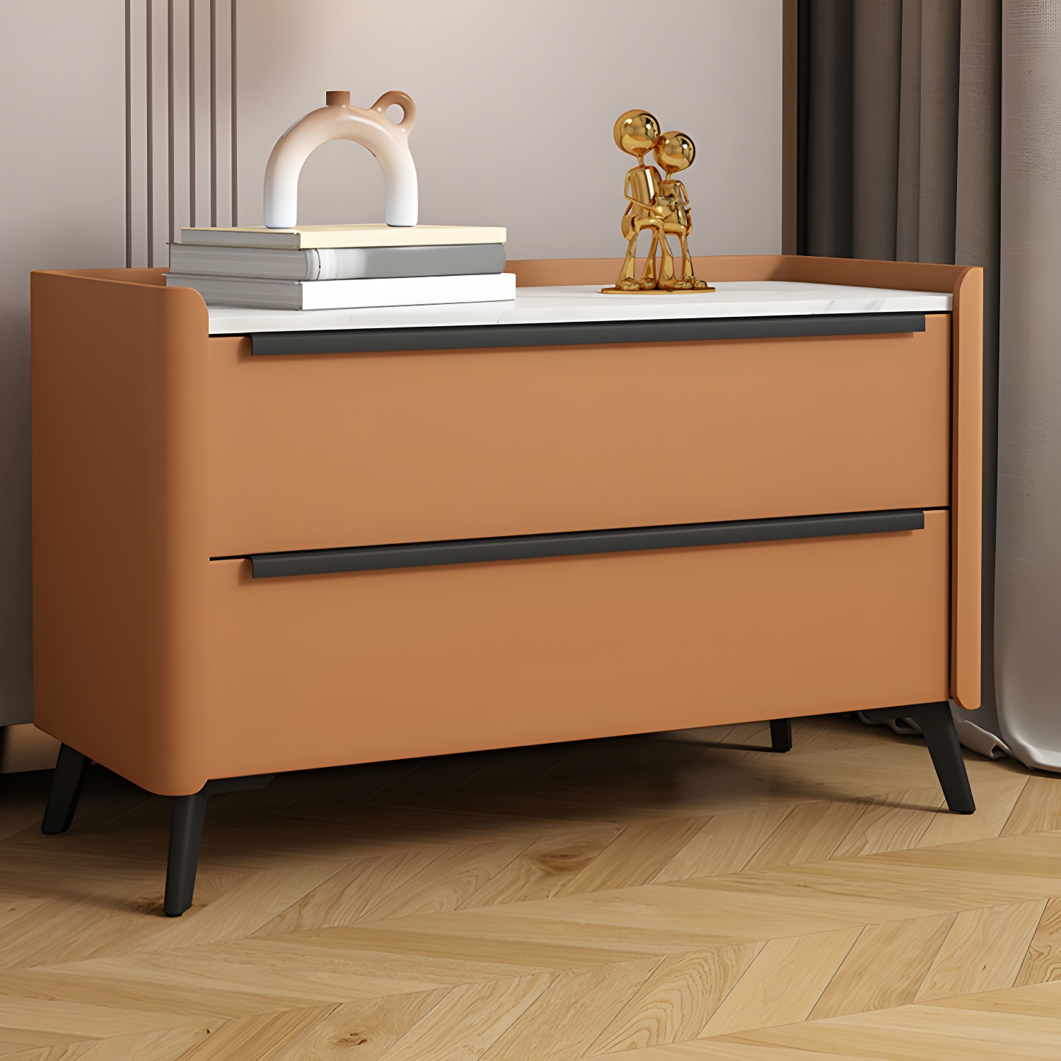 Modern Faux Leather Top Nightstand with Two Drawers and Stone Countertop - image 8