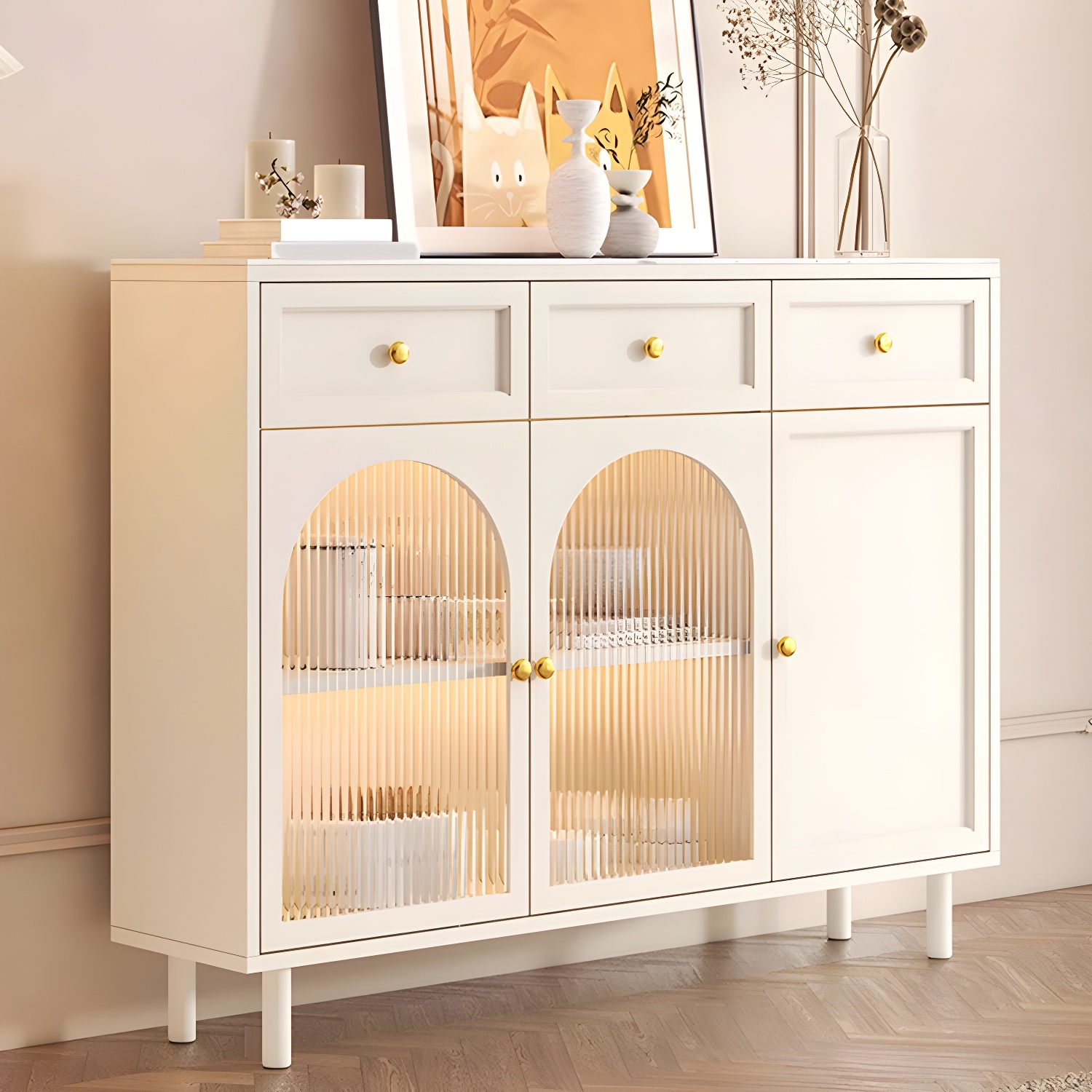 Wooden Buffet Server with Stone Countertop, Glass Doors, and Drawers - image 13