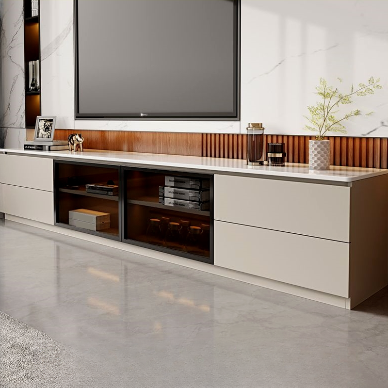 2-Cabinet & 4 Drawers Trendy Sintered Stone TV Stand with Shelf & Cable Management
