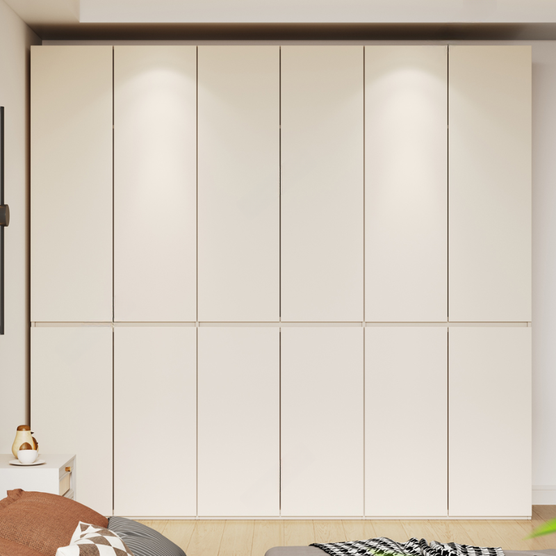 White Minimalist Manufactured Wood Independent Wardrobe Closet with Soft Close Door, Interior Shelves, and Articulated Mechanism