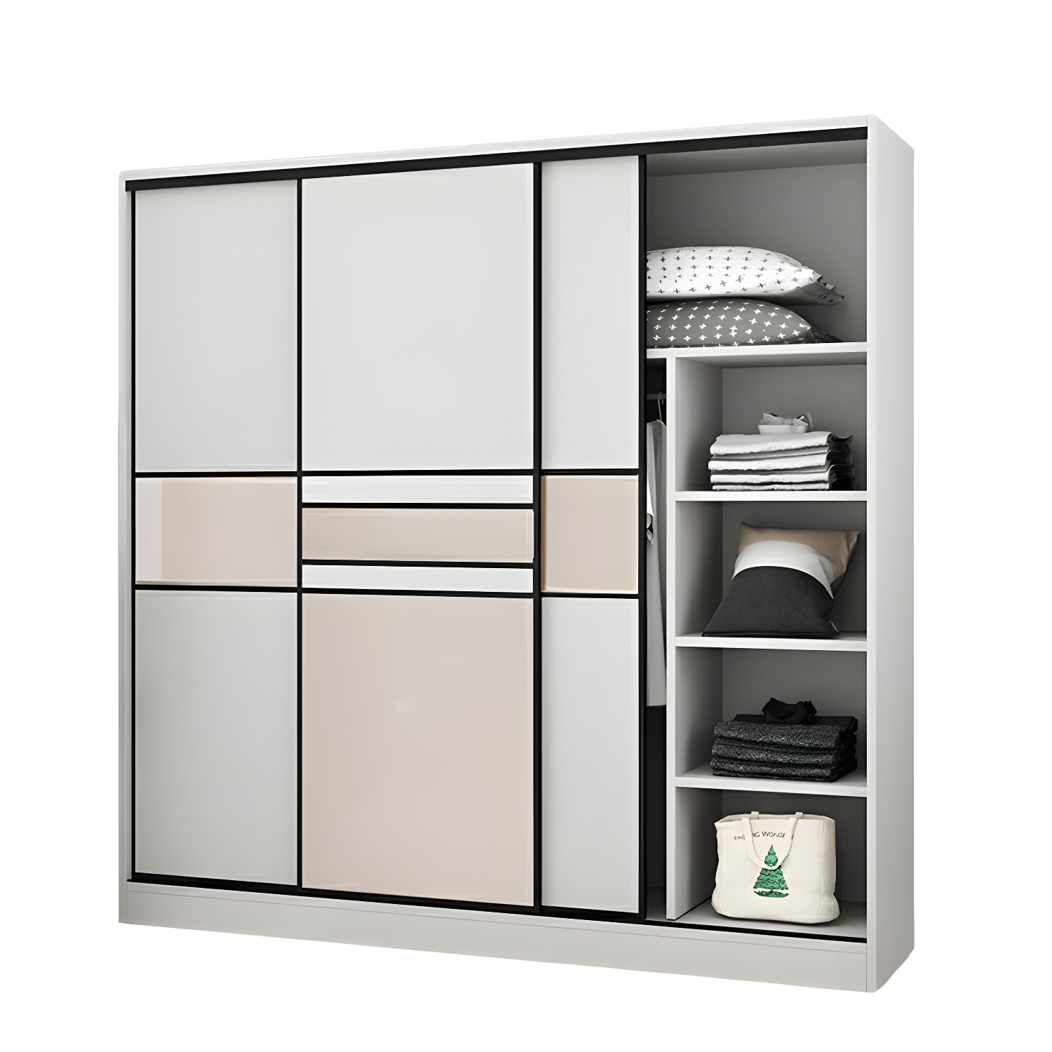 Modern White Wood Wardrobe Armoire with Clothing Rod and Sliding Cabinet Doors - image 5