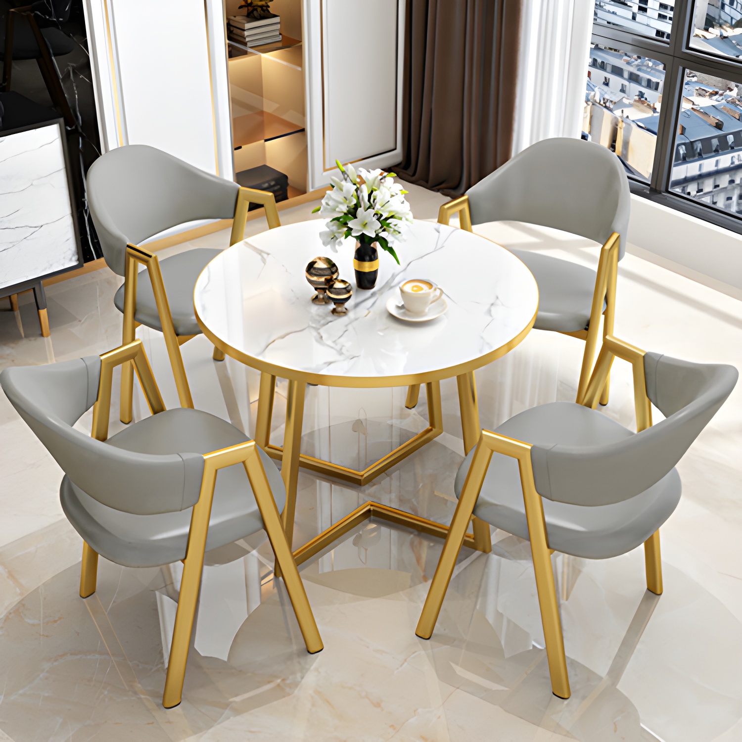Round Standard Laminated Faux Marble Dining Set with Gold Metallic Legs for Dining Furniture - image 3