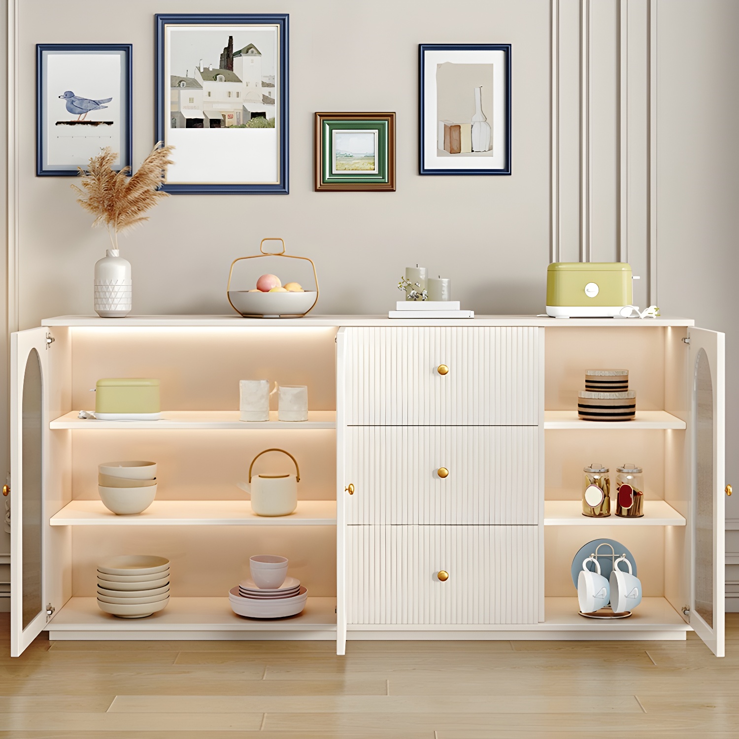 Glam White Wood Sideboard Credenza with Glass Doors and Adjustable Shelves - image 3