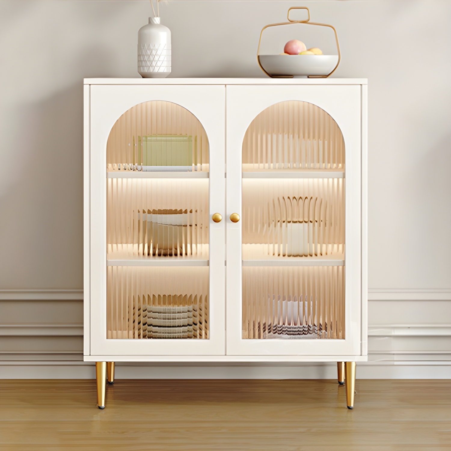 Glam White Wood Sideboard Credenza with Glass Doors and Adjustable Shelves - image 12