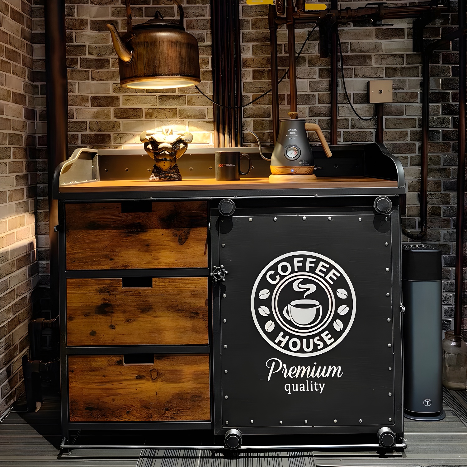 Industrial Metal Sideboard Cabinet with Wood Countertop, 3 Drawers, and Sliding Doors - image 11