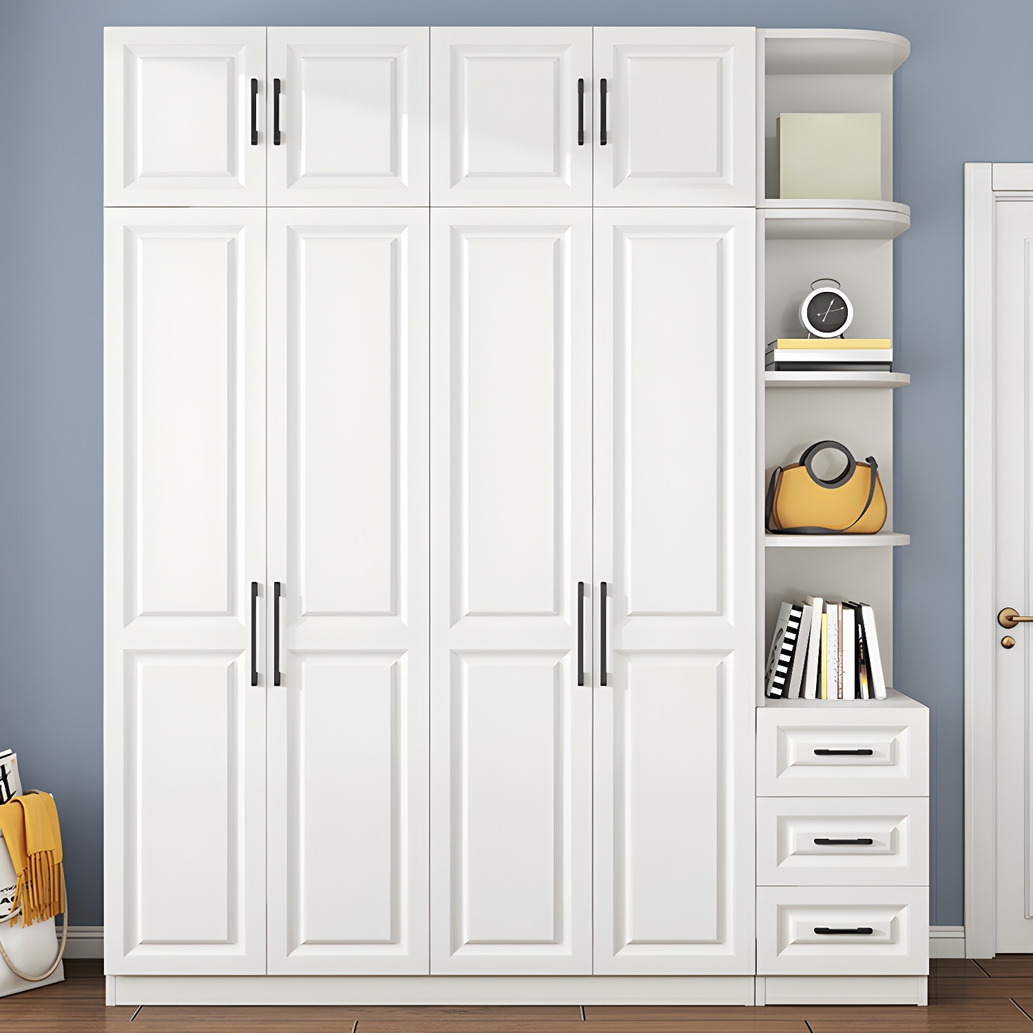 Modern White Wood Wardrobe Armoire with Shelves & Clothing Rod - Spacious and Stylish
