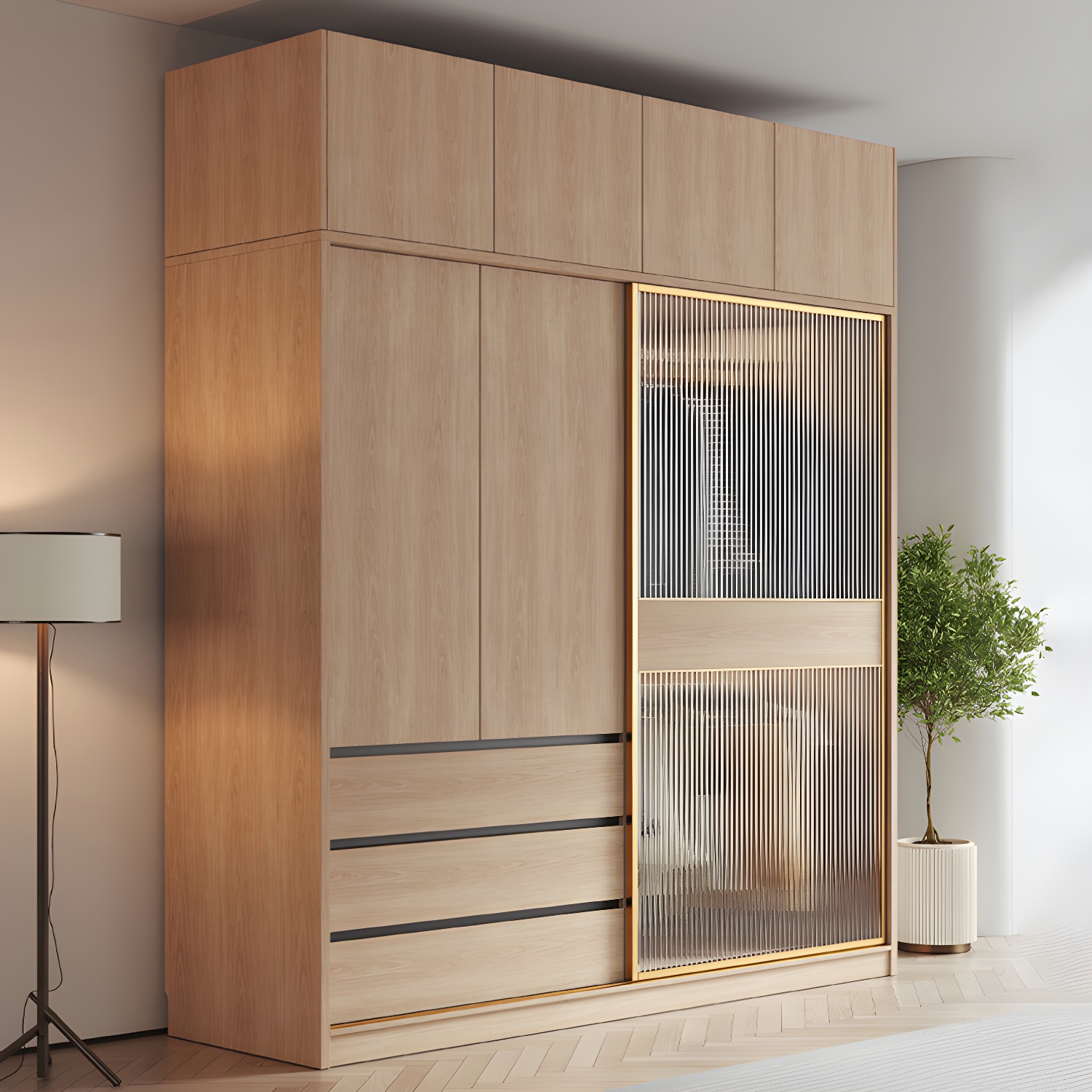 Contemporary Glass Sliding Doors Wardrobe Natural Wood Wardrobe with Drawers