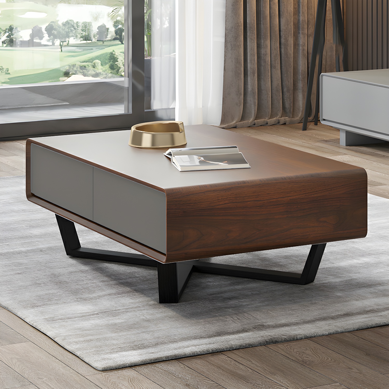 Rectangular Wood Modern Coffee Table with Black Metal Cross Legs and Storage Drawers - image 6