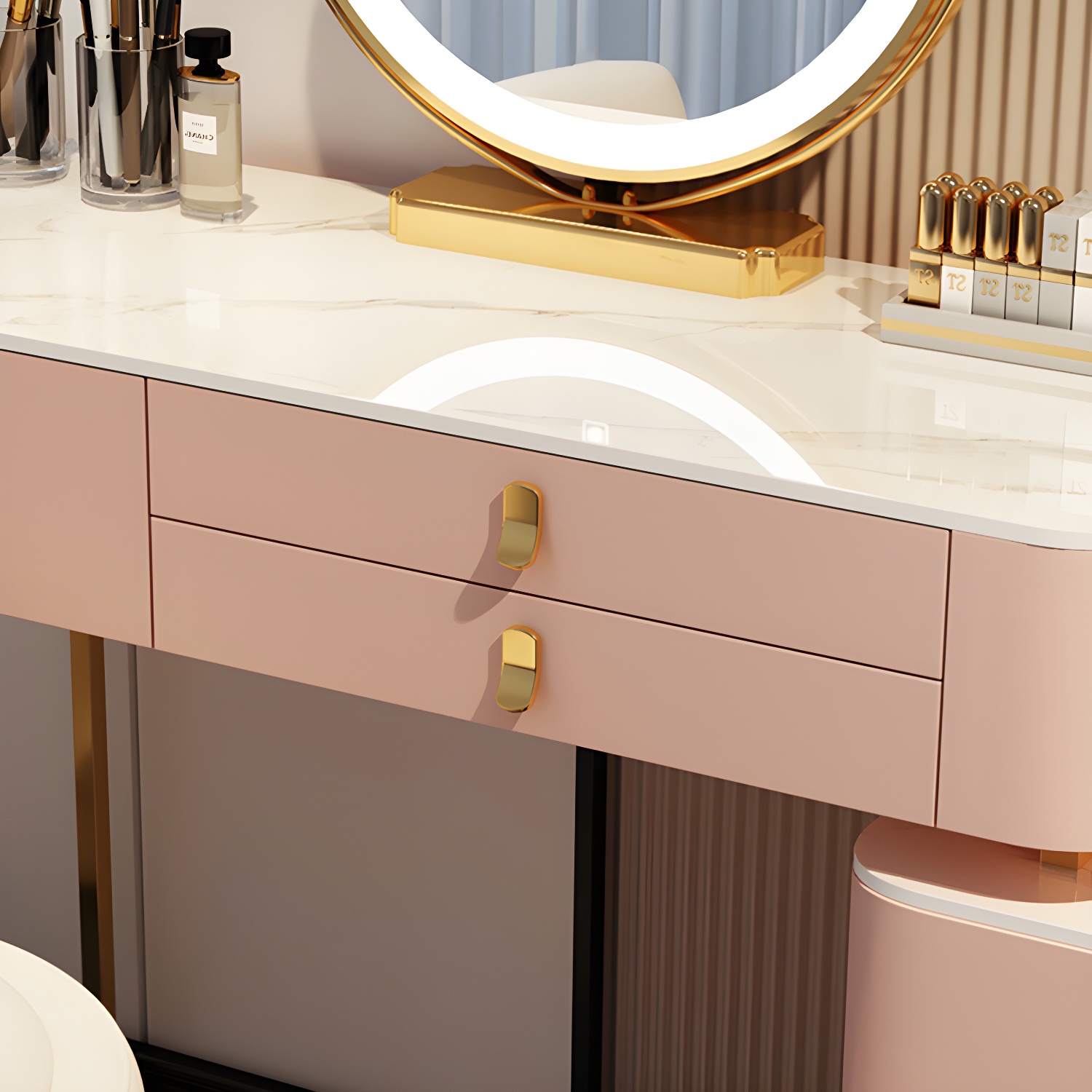Contemporary Make-up Vanity with Stone Top and Storage Drawers - image 9