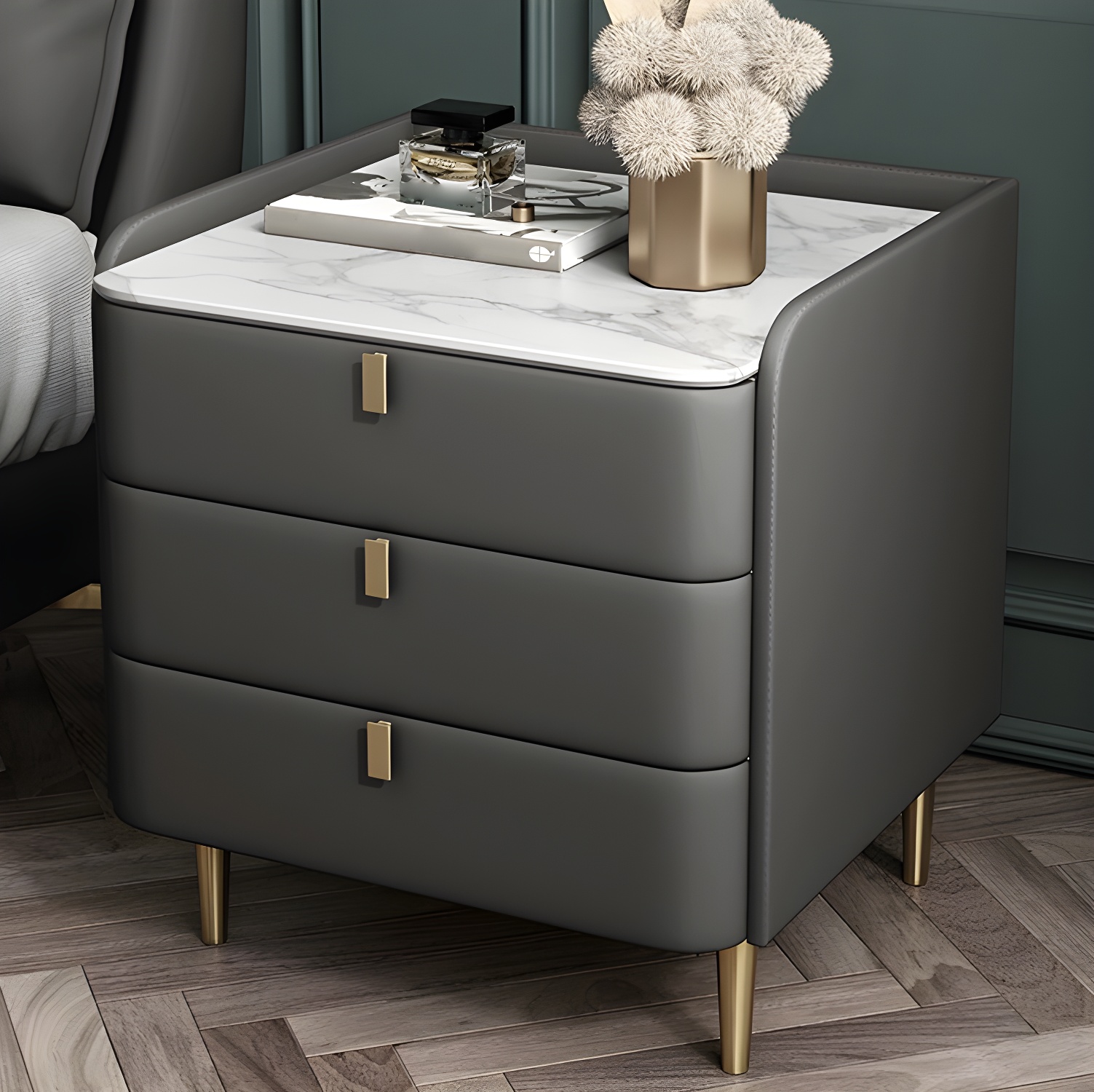 Stone Top Nightstand 3-drawer Leather Night Table with 4 Legs - image 5