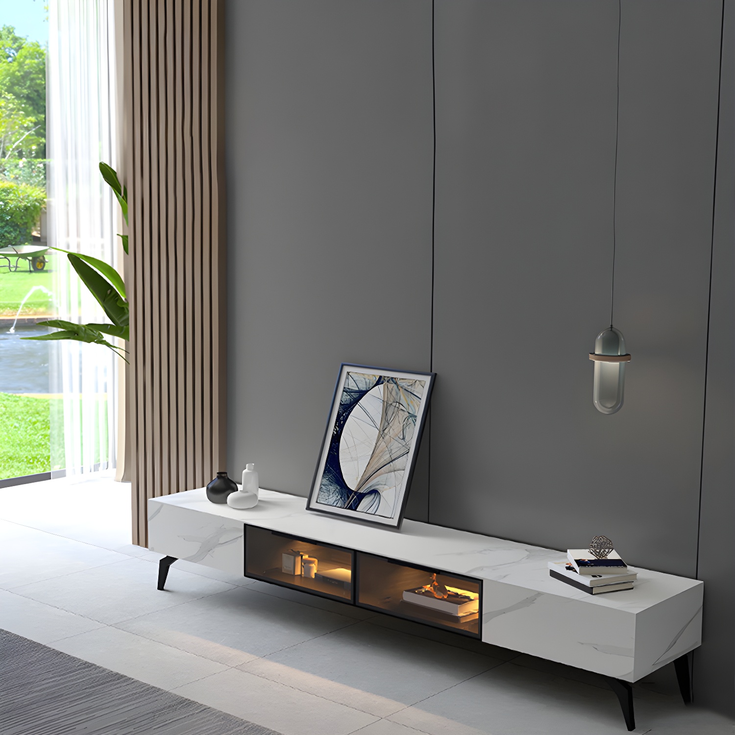 Modern Slate TV Stand White Closed Storage TV Console with Sensor Light - image 4