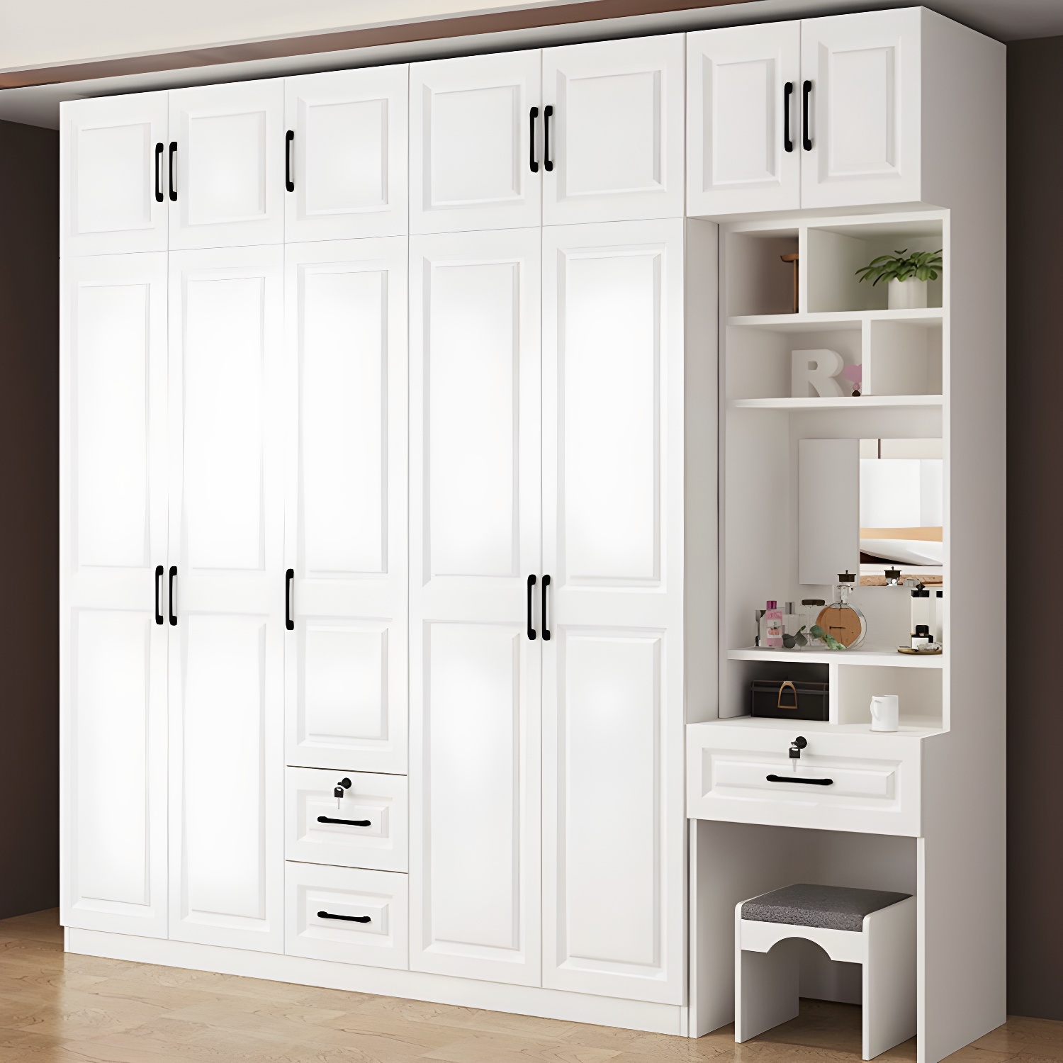 White Wood Wardrobe Armoire with Drawers, Shelves, and Clothing Rod