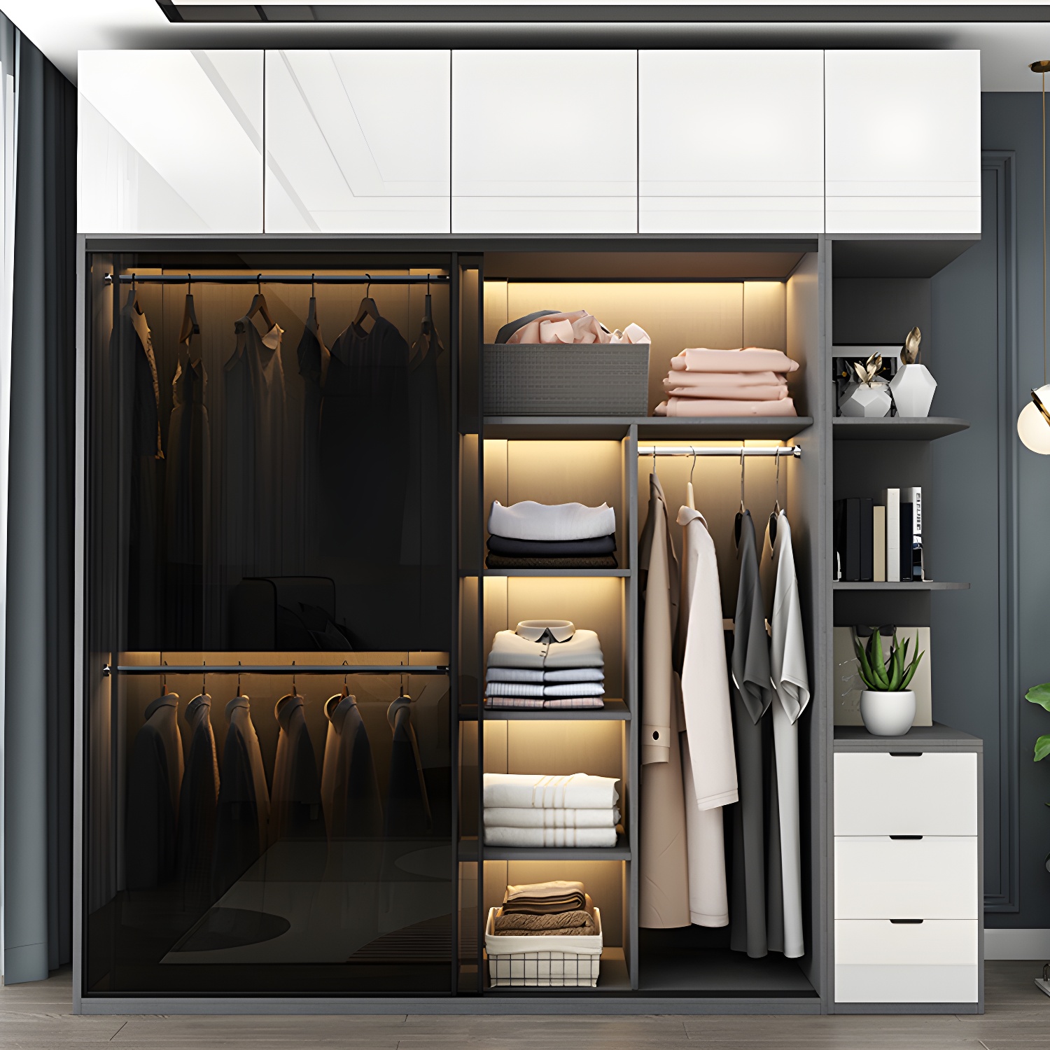 Modern Style Glass Wardrobe 1-Drawer Bedroom Wardrobe Closet - image 4