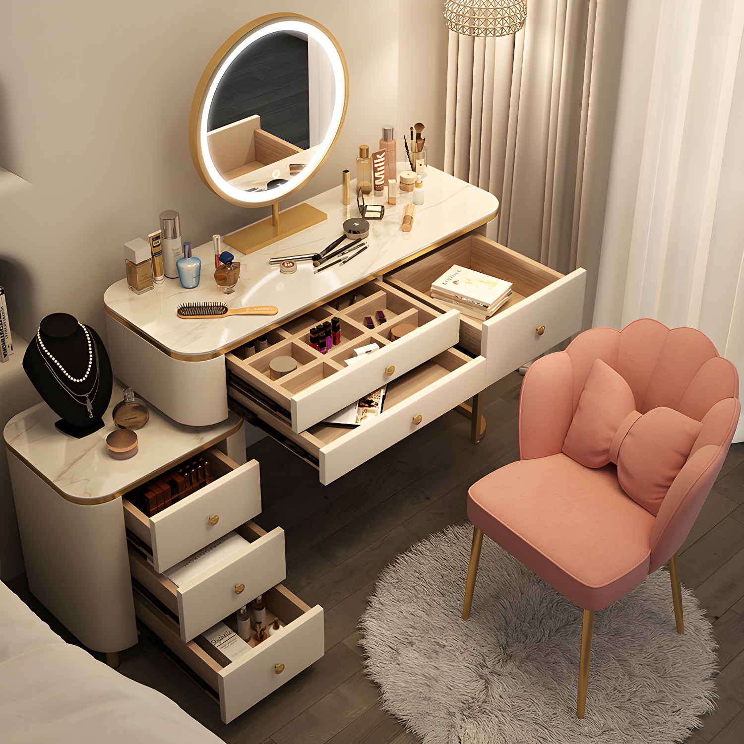 Scandinavian Wooden Vanity Desk in White Modern with Drawers Dressing Table - image 4