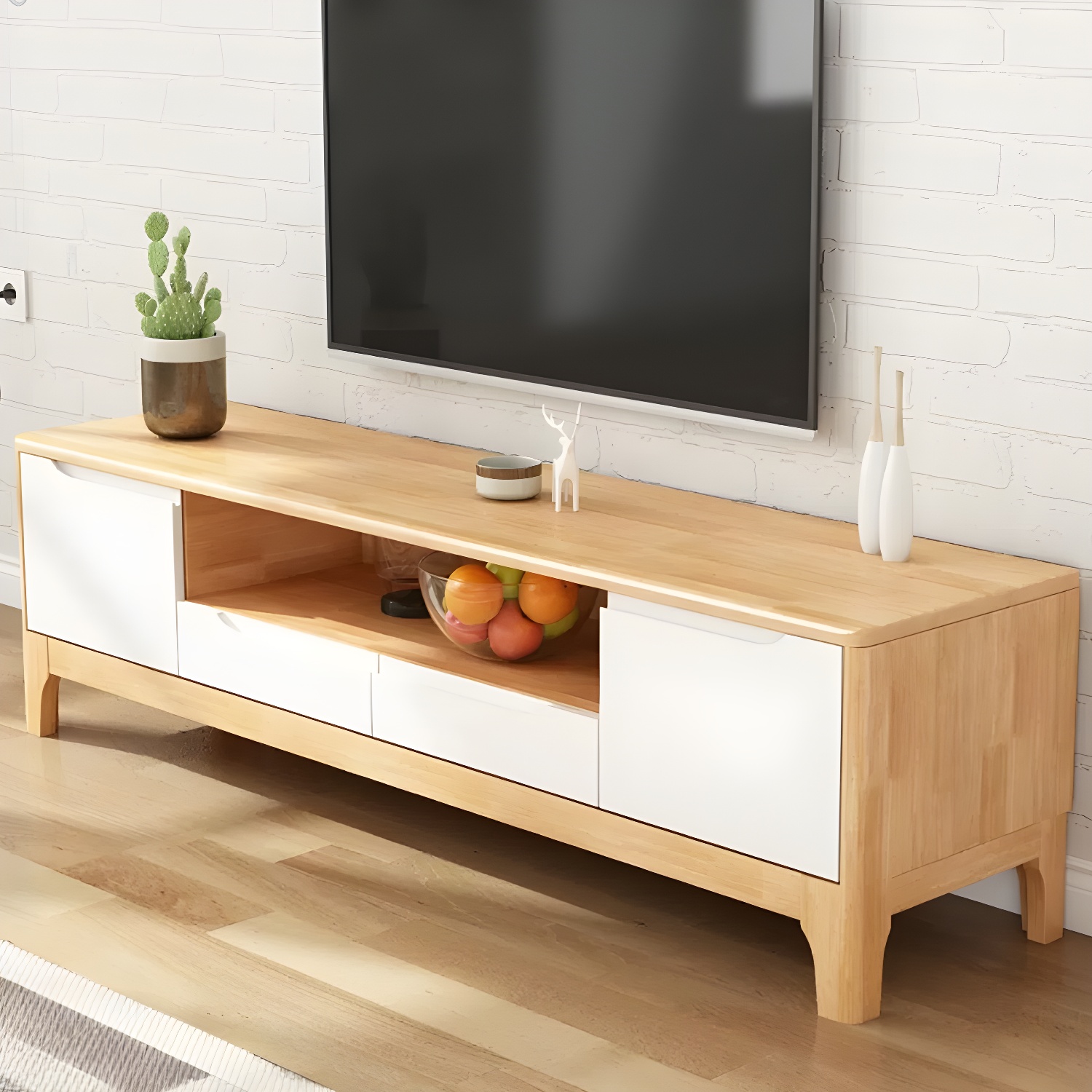 Scandinavian with Drawers Rubberwood with Cabinet TV Media Console - image 3