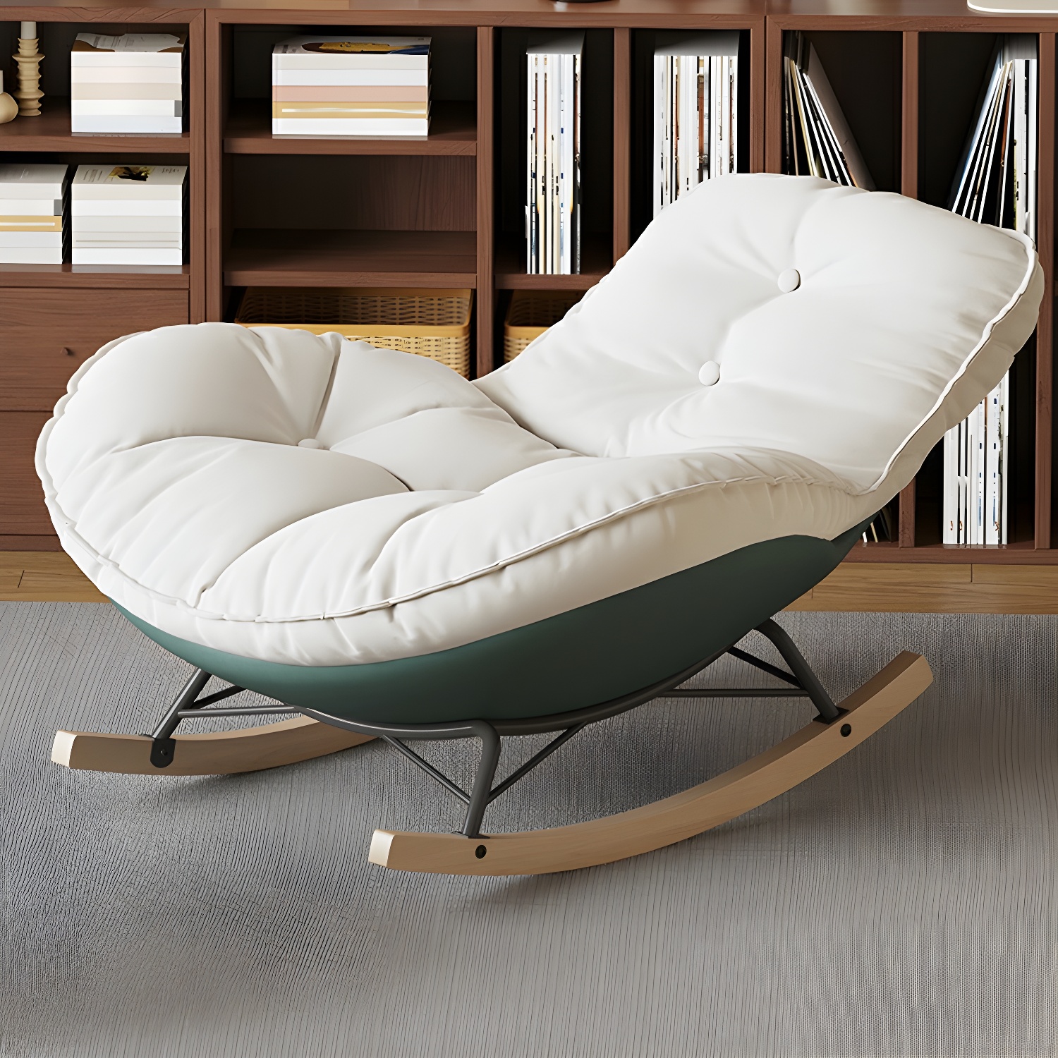 Contemporary Upholstered Rocking Chair with White Tufted Flannel Cushion and Solid Wood Legs