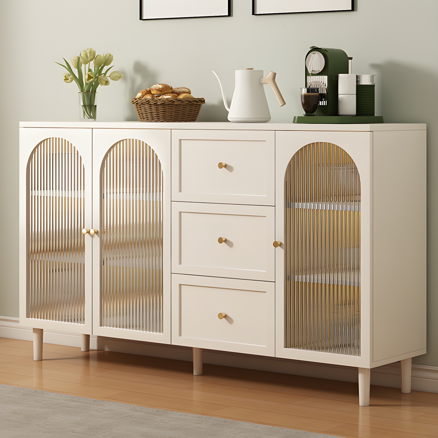 White Modern Sideboard Credenza with Cabinets and Shelves for Storage and Display