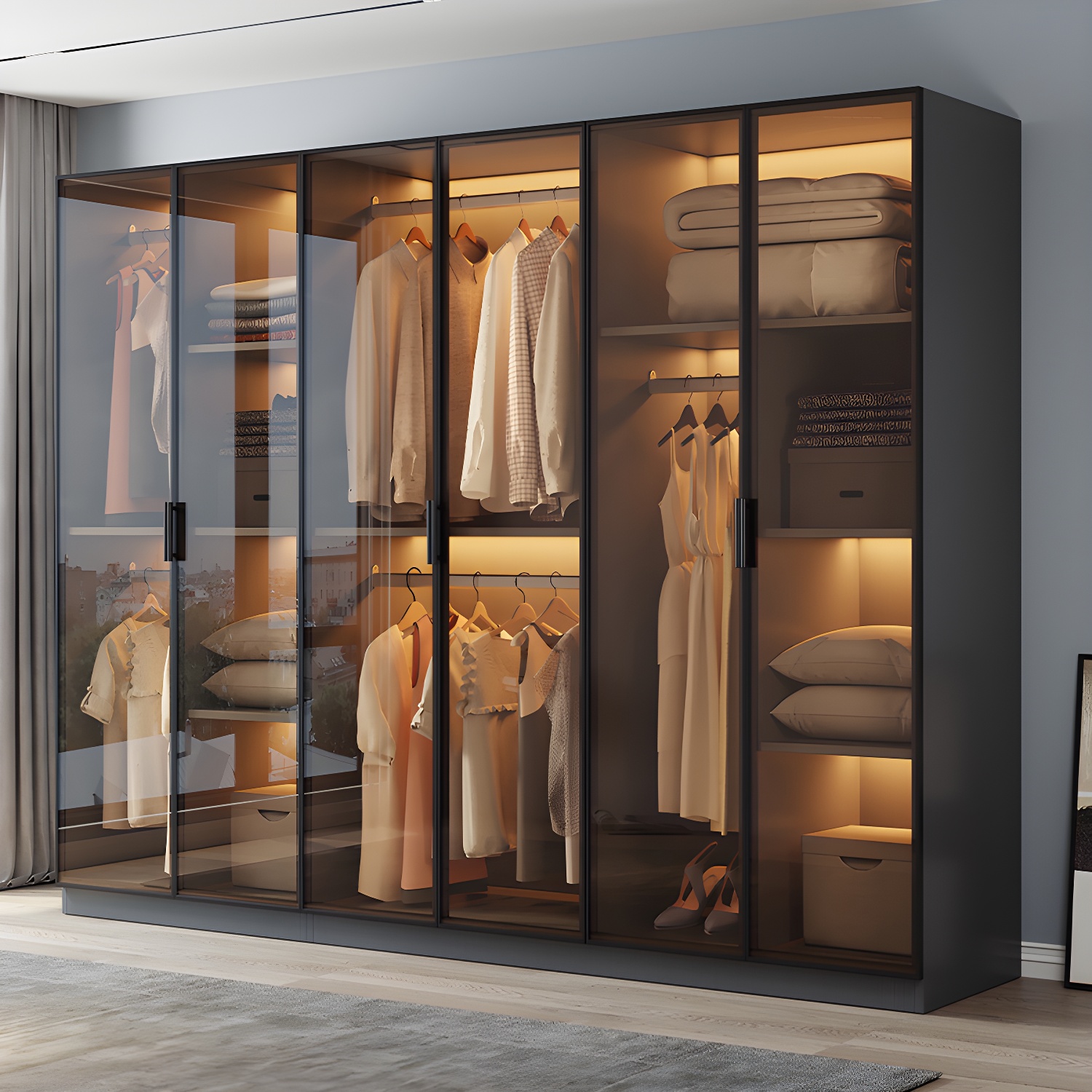 Freestanding Tempered Glass Wardrobe Modern Wardrobe with Garment Rod