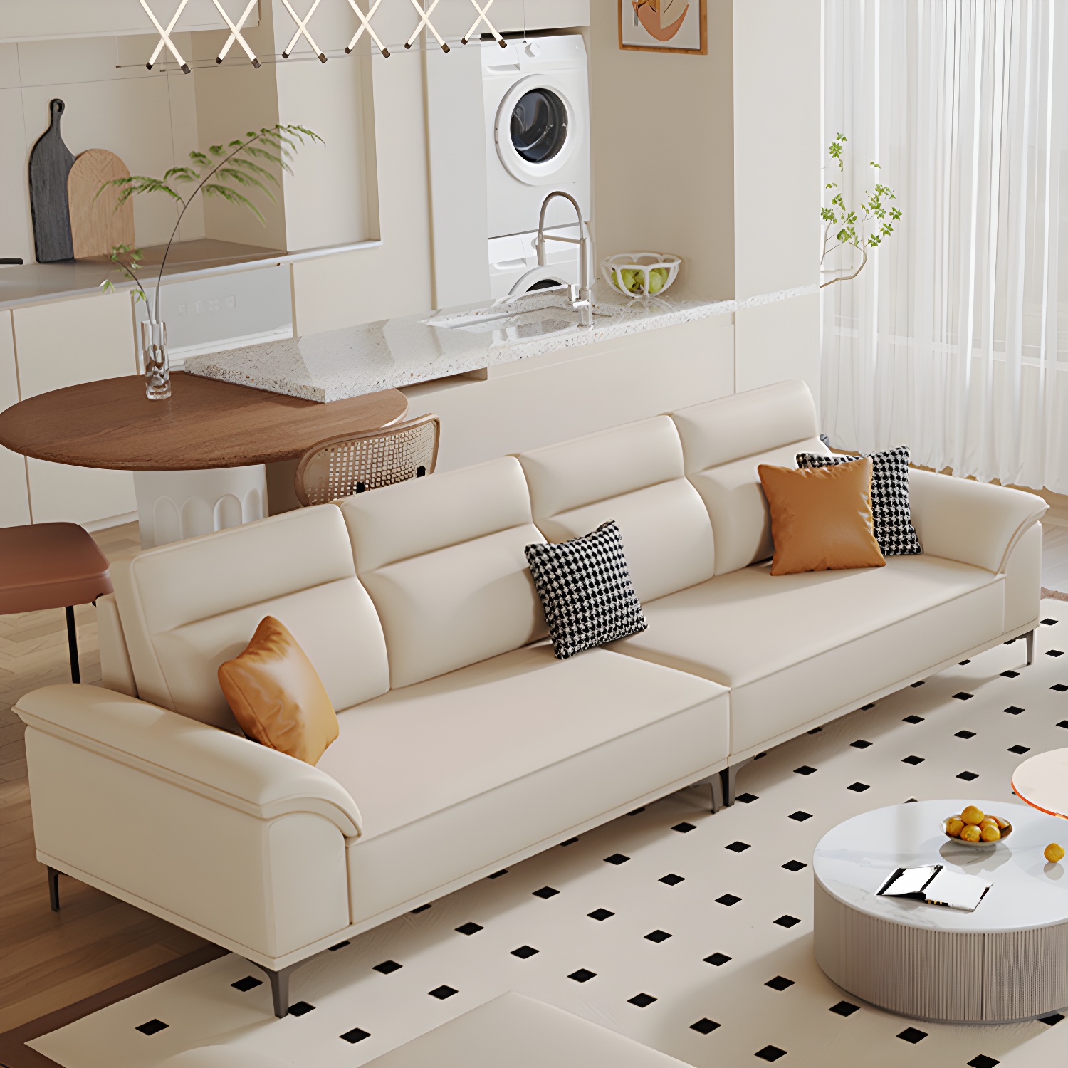 Modern Beige Faux Leather Sofa with Ottoman Included - Pillow Top Arm and Cushion Back - image 8