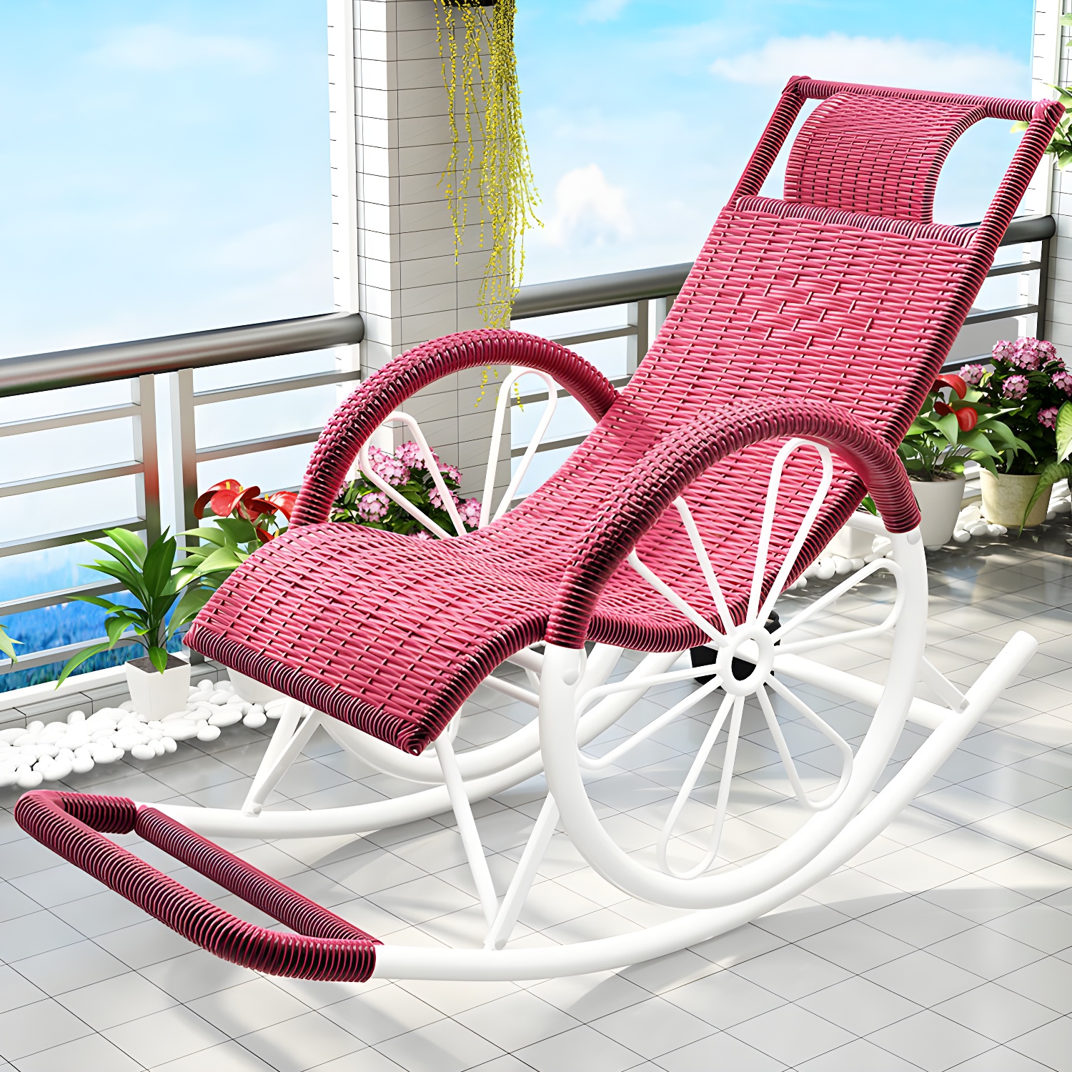 Modern Spindle Rattan Rocking Chair Metal Frame Wheel Handrail Design Rocker Chair - image 8