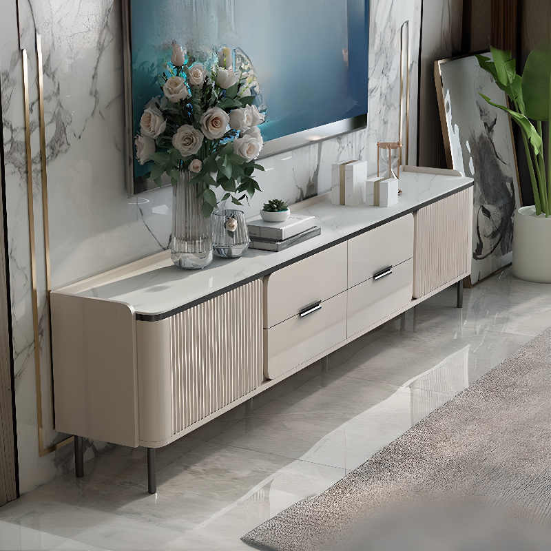 Chalk Art Deco Sintered Stone TV Stand for Sitting Room with 4/3 Drawers, 2 Cabinets, and Gate Doors - image 5