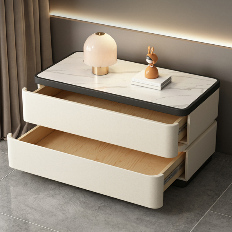 Modern Faux Leather Nightstand with 2 Drawers and Stone Countertop for Bedroom - image 19