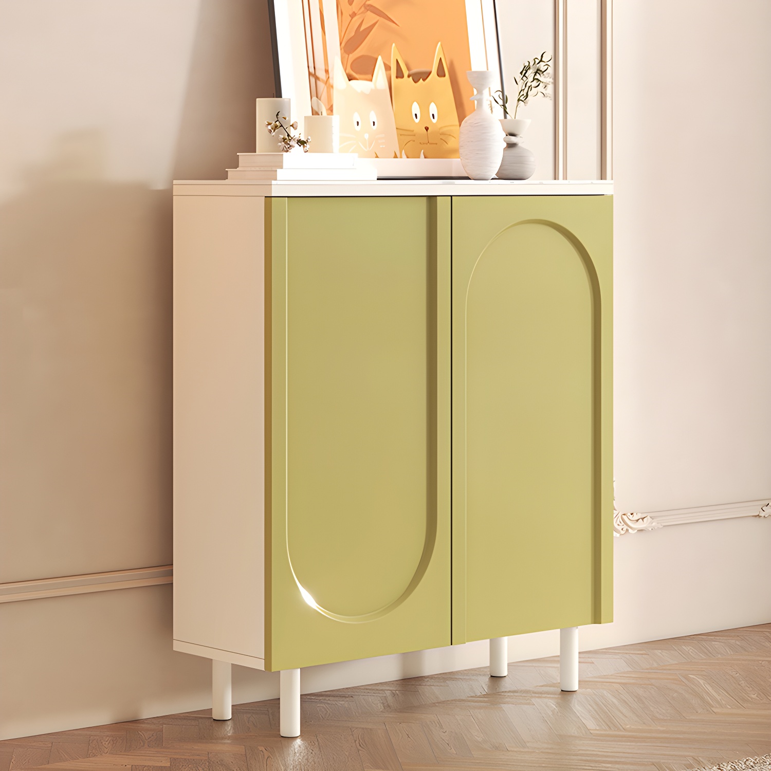 Scandinavian Wood Buffet Sideboard with Stone Countertop and Adjustable Shelves - image 17