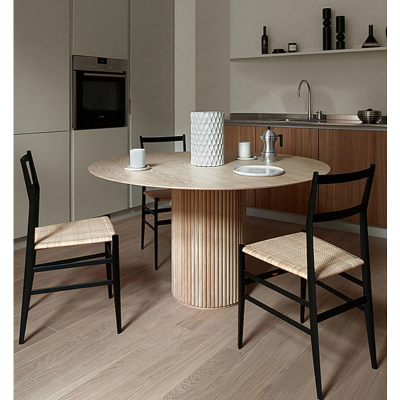 Fixed Rounded Dining Table for 4/2 People/Seats 6 with Ribbed Leg and a Slate/Wooden Tabletop in Natural/Chalk in a Nordic Style - image 5