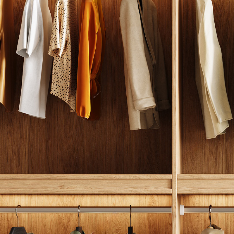 Wood Grain Minimalist Laminate Wardrobe Closet with Soft Close Drawer, Soft Close Door, Interior Shelves, and Clothing Rod