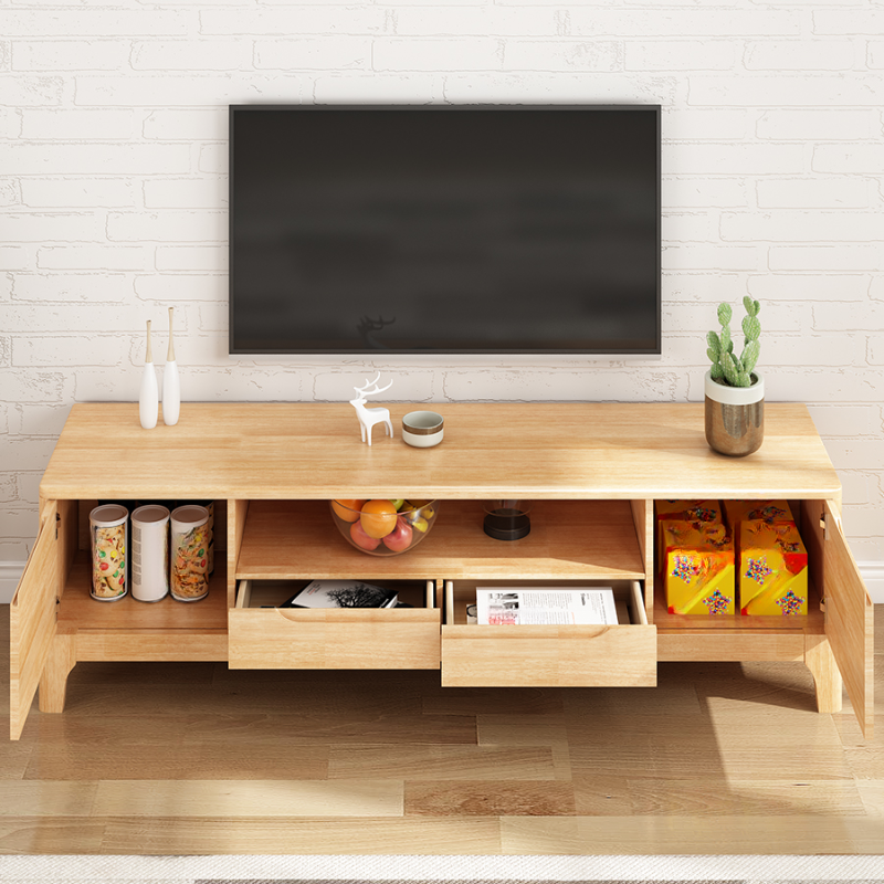 Art Deco Natural Wood TV Stand with 2 Drawers, 2 Cabinets, and Visible Storage - image 8