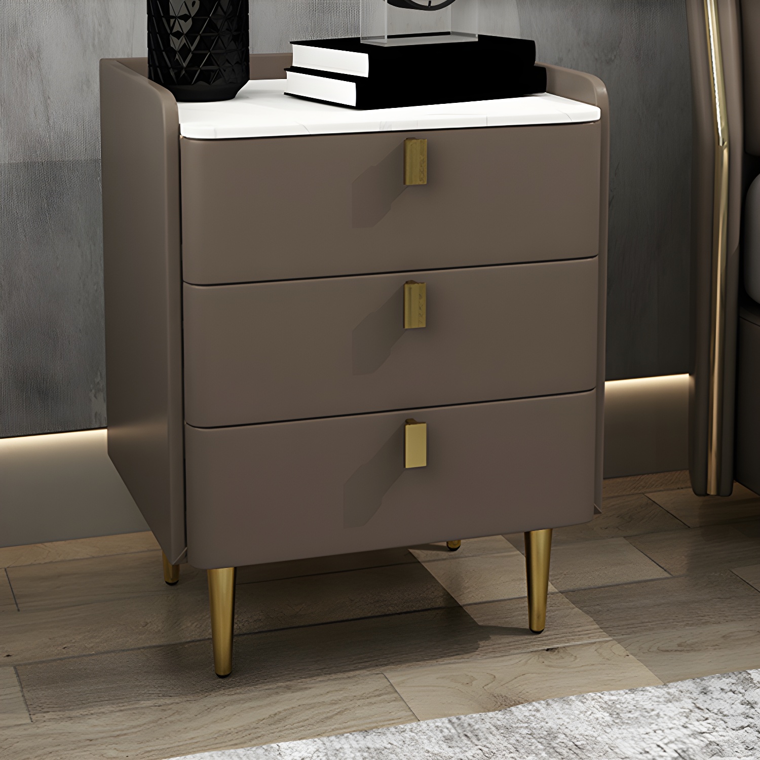 Faux Leather Nightstand Modern 3 - Drawer Nightstand with Stone Top - image 3