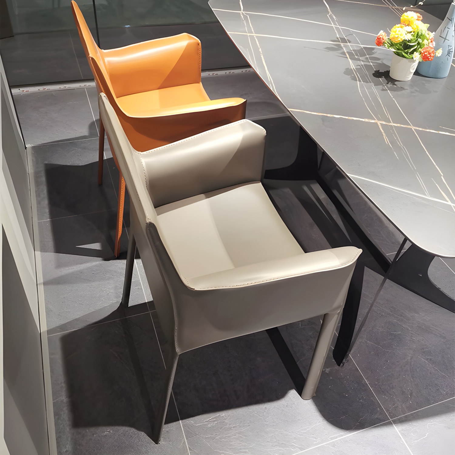 Designer Style Home Saddle Leather Arm Chair Matte Finish Solid Back Single Dining Chair - image 14