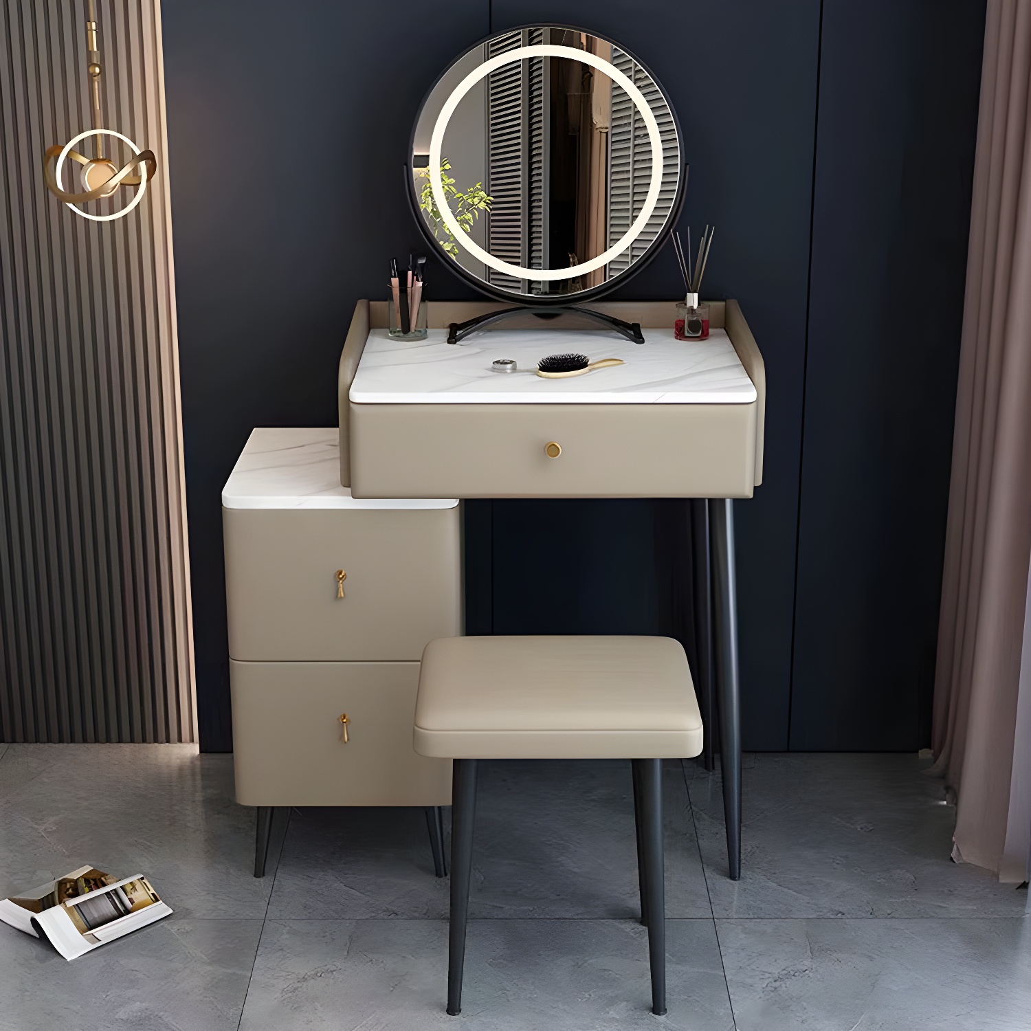 Contemporary Make-up Vanity with Stone Top and Metal Legs for Bedroom
