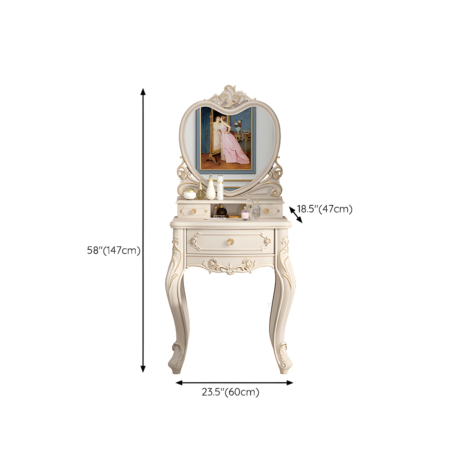 Elegant White Victorian Makeup Vanity Set with Wood Top & Mirror & Drawers & Upholstered Chair - image 14