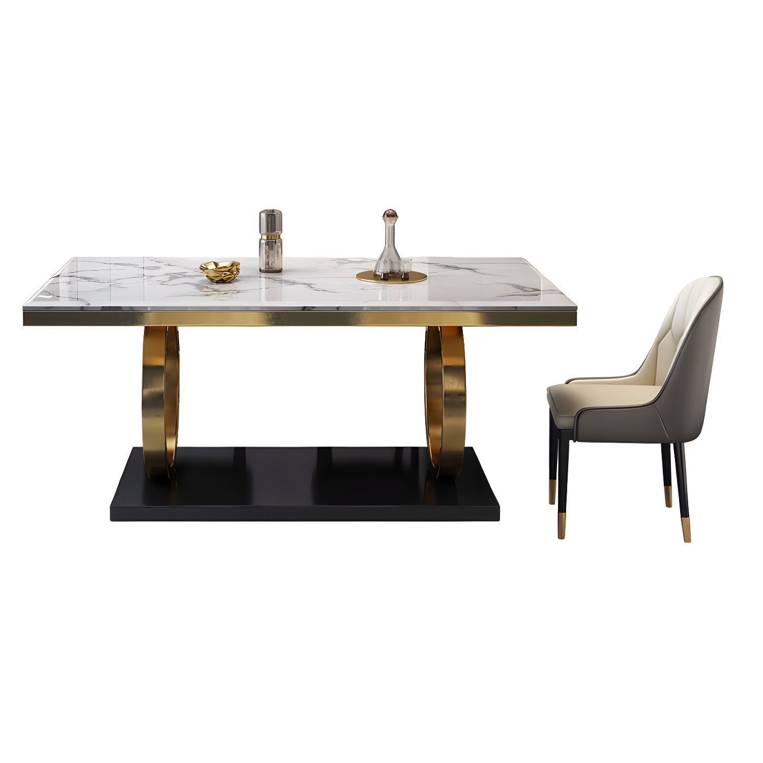 Glam Marble Dining Set with Gold Metal Pedestal Base - White and Beige - 1/5/7 Piece Set - image 6