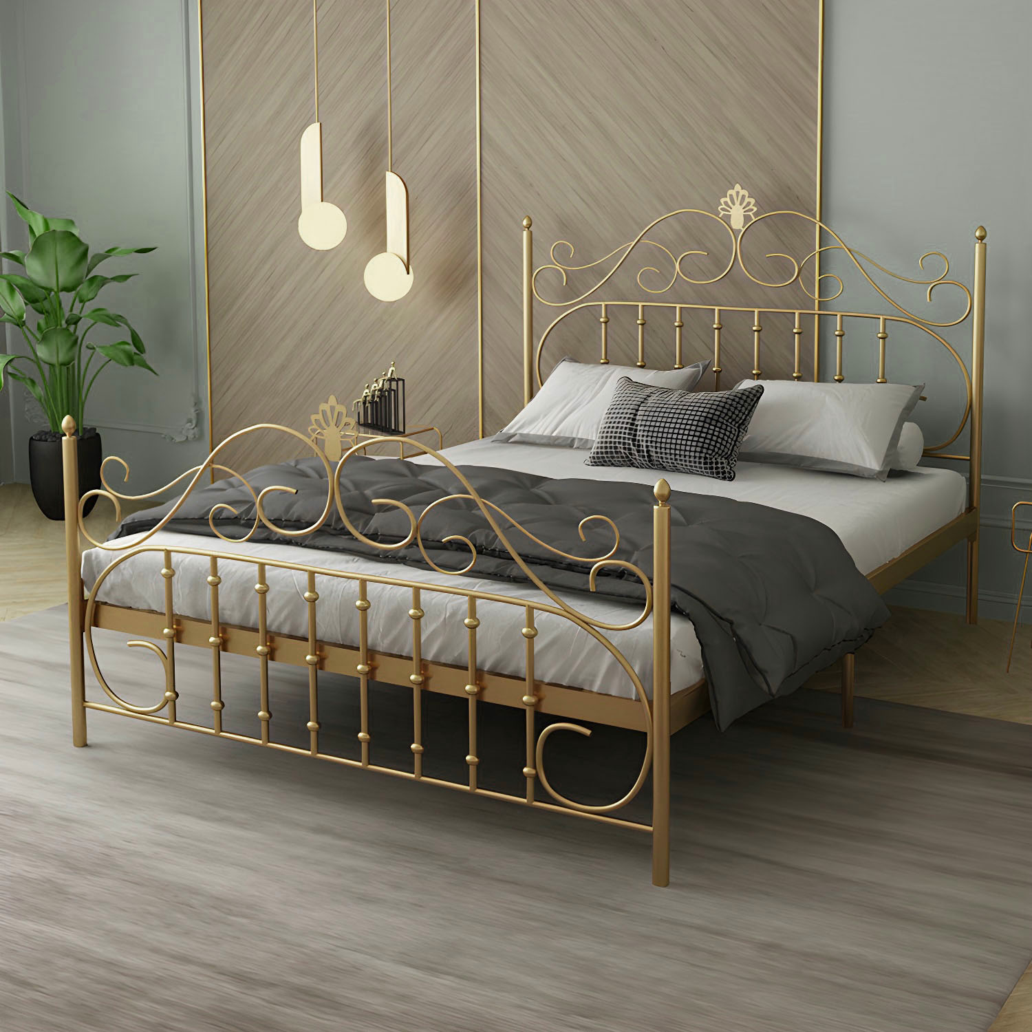 Glam Metal Bed Frame with Camelback Open-Frame Headboard and Footboard - image 4