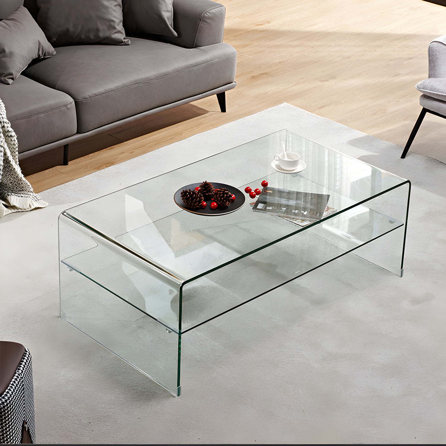15.7"H Modern Sled Base White/black Glass Square Coffee Table with Shelf - image 6