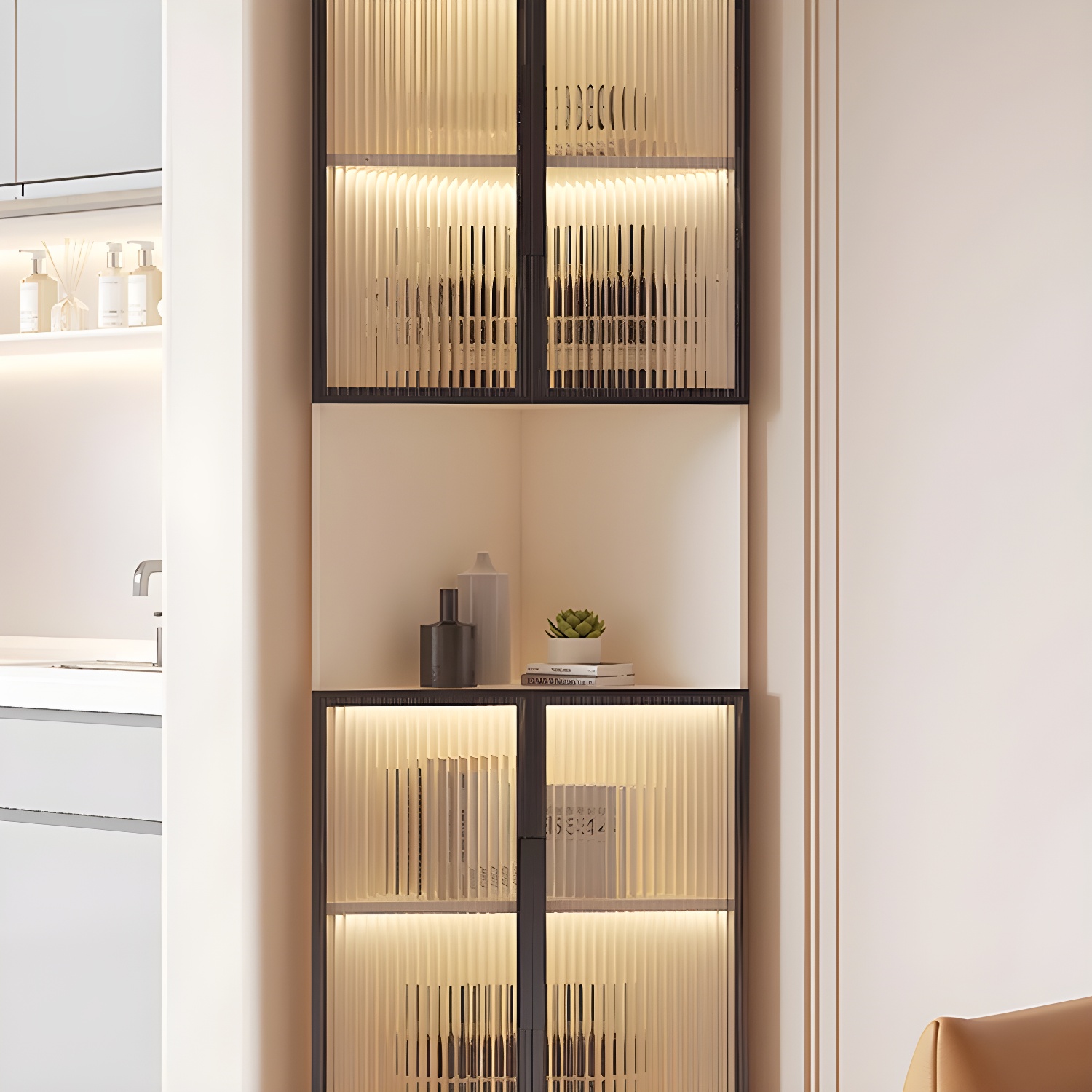 Modern Corner Glass Door Accent Cabinet with Black Metal Base - image 8