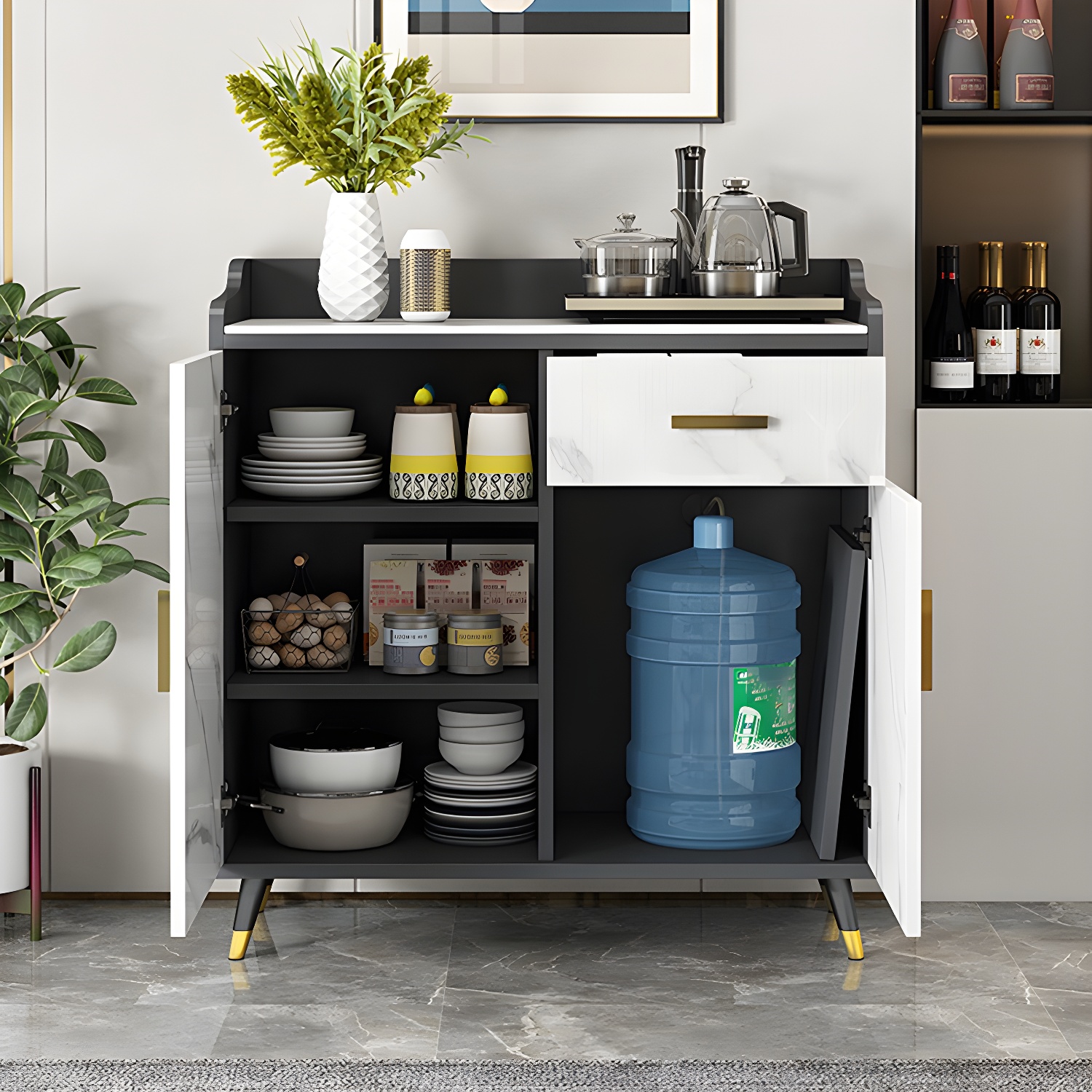Modern Stone Top Shelves Included Sideboard with White & Grey Manufactured Wood Door - image 7