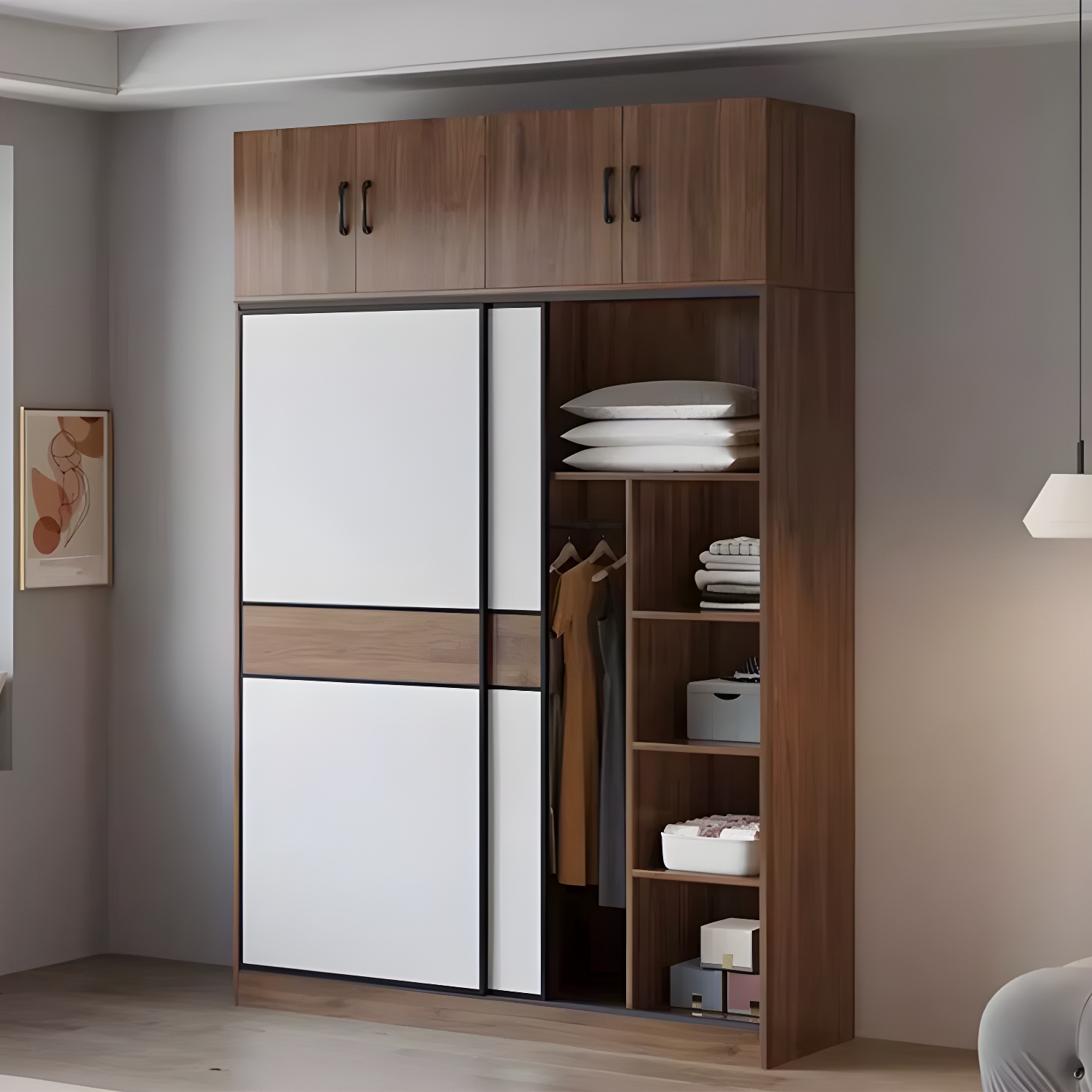 Modern Brown Wood Wardrobe Armoire with Sliding Doors, Shelves, and Clothing Rod - image 4