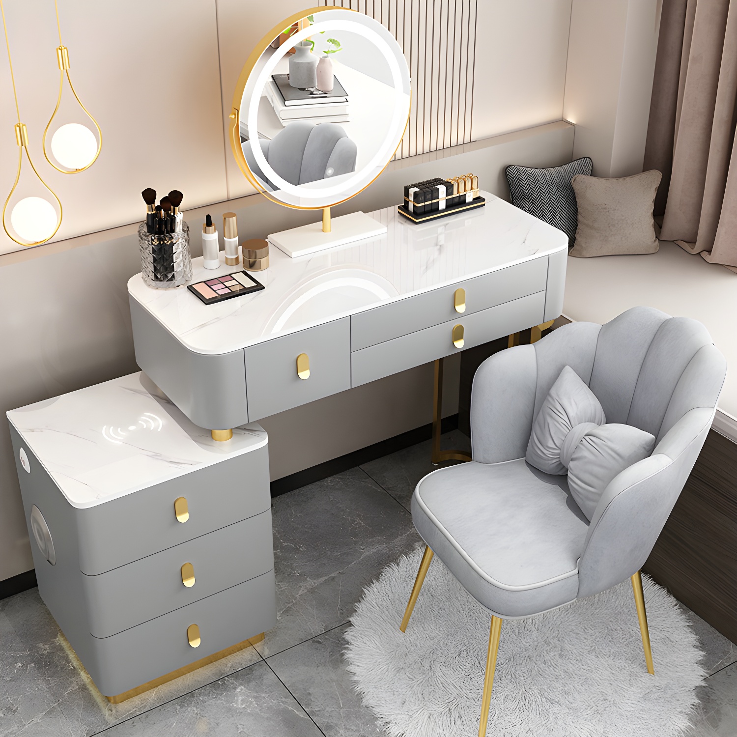 Glass Top Makeup Vanity Desk Lighted Mirror Makeup Vanity Set - image 2