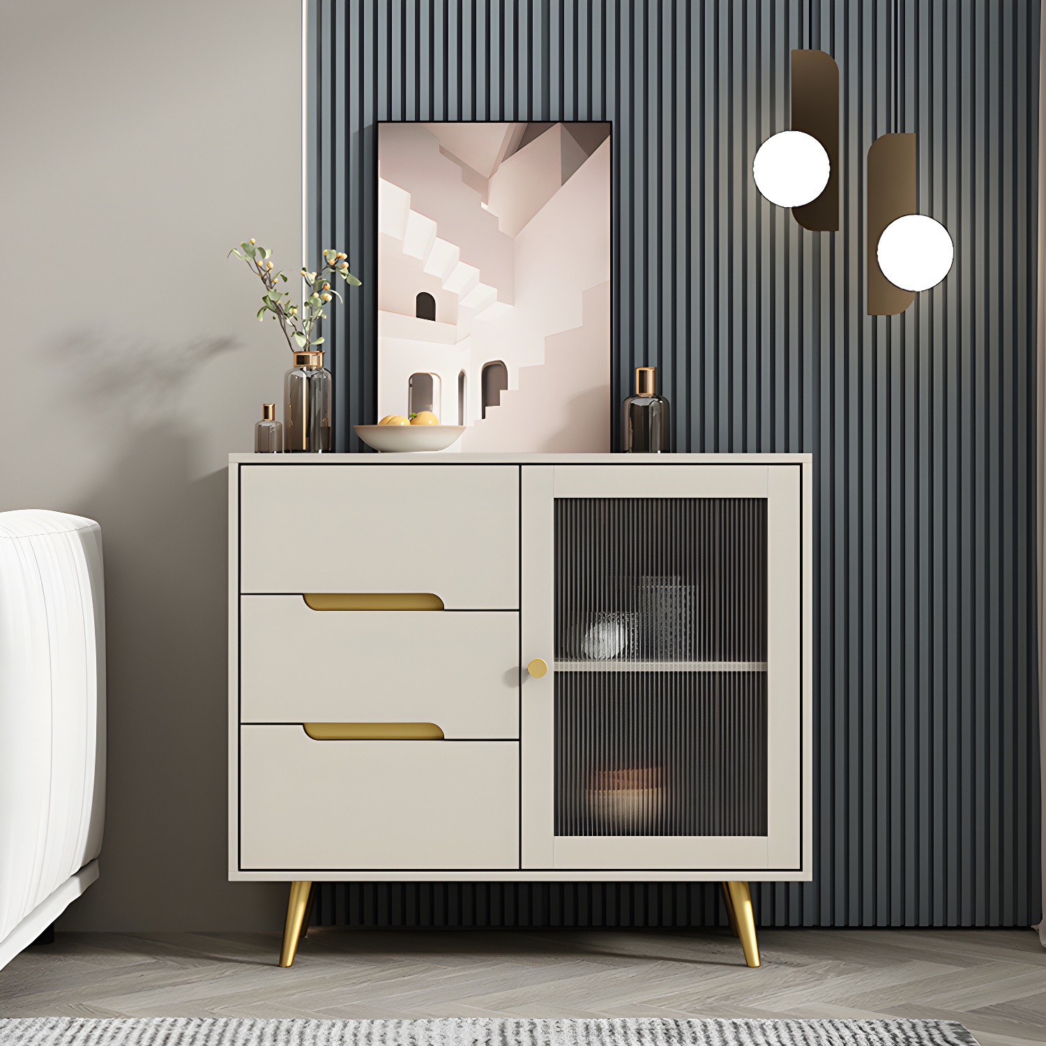 3-Drawer Engineered Wood Sideboard Modern Glass Doors Cabinets Credenza for Living Room - image 2