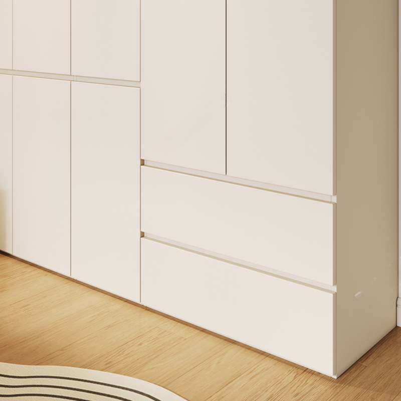 White Minimalist Manufactured Wood Independent Wardrobe Closet with Soft Close Drawer, Soft Close Door, and Interior Shelves