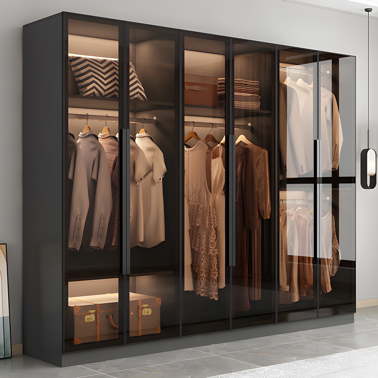 Modern Wooden Frame Wardrobe Freestanding Multifunctional Wardrobe Tempered Glass Doors - image 4