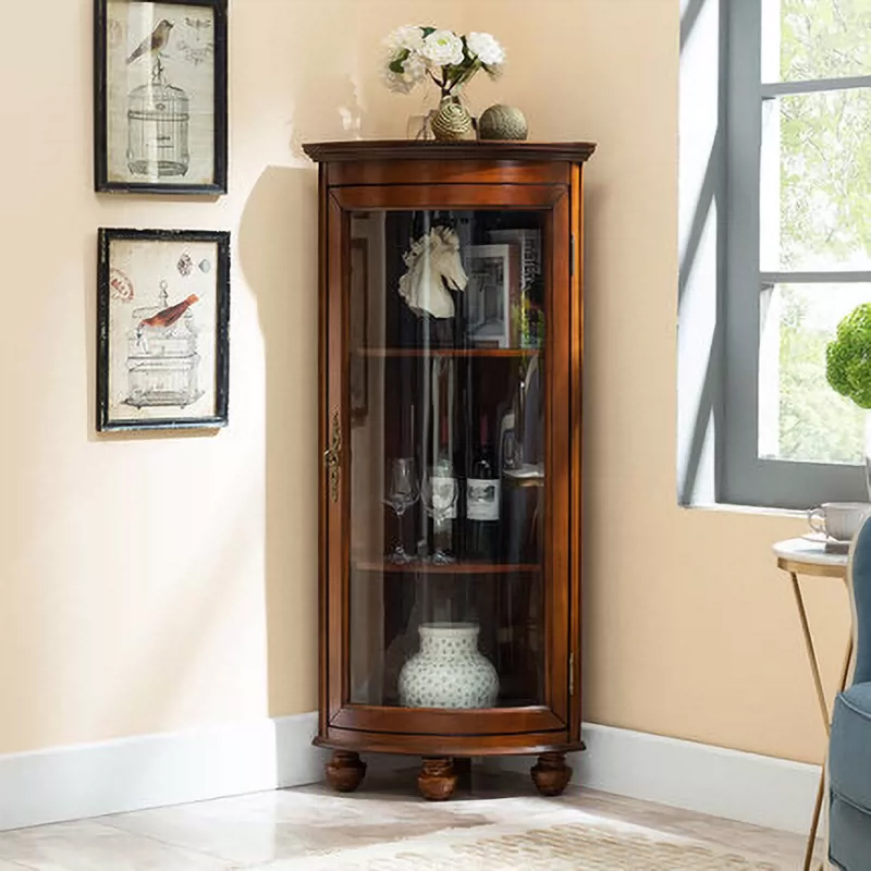 Traditional Medium Brown Corner Accent Cabinet with Wood Countertop and Exterior Shelving - image 14
