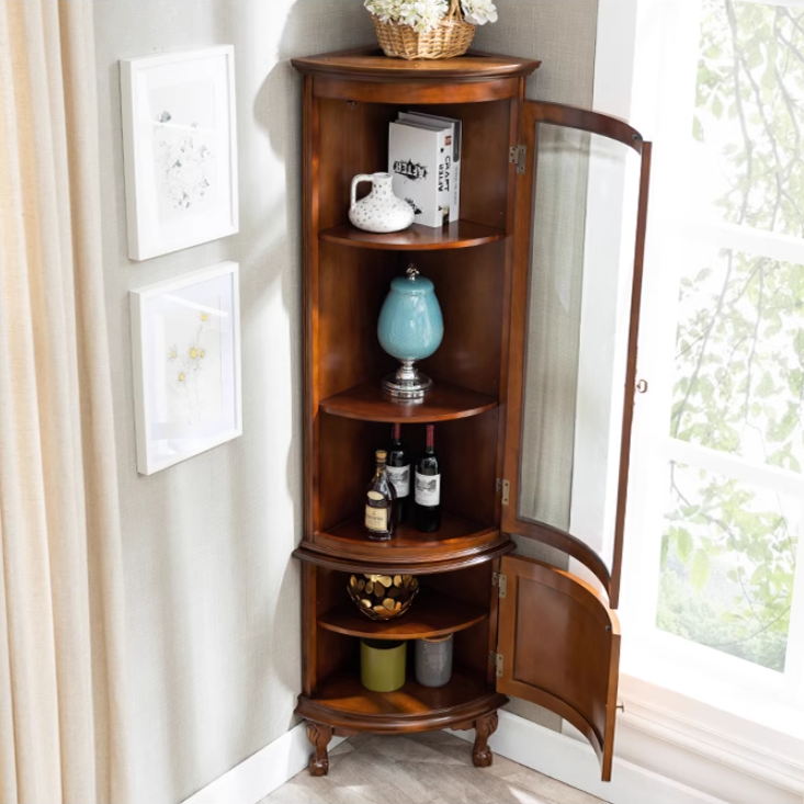 Traditional Medium Brown Corner Accent Cabinet with Wood Countertop and Exterior Shelving - image 2
