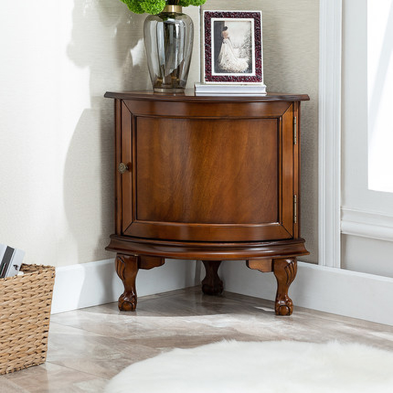 Traditional Medium Brown Corner Accent Cabinet with Wood Countertop and Exterior Shelving - image 4