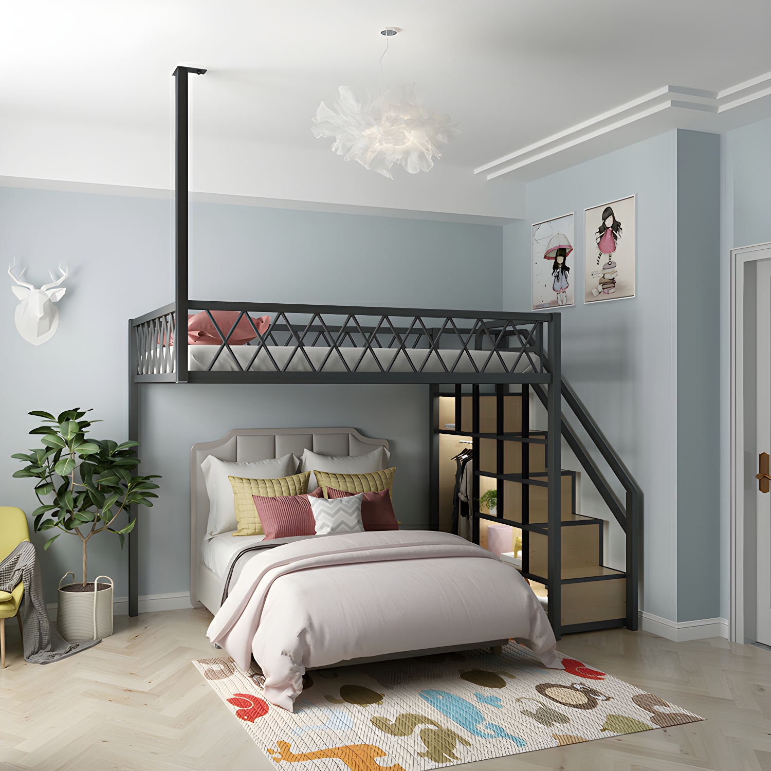 Modern Wood/Metal Bed with Light Wood Tone & Tall Clearance Storage Cabinets - image 5
