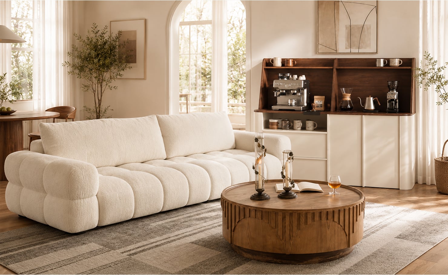 Bright living room with sofa, natural light, and garden view